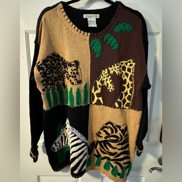 Victoria Jones VTG Jungle African Safari Animal Beaded Embroidered Sweater LG - Picture 1 of 15